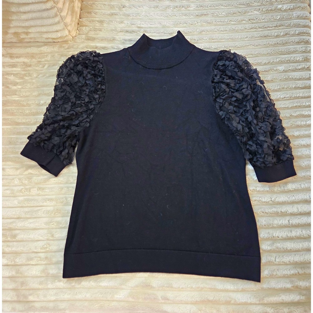 Catherine Malandrino Black Mock Neck Top L Textured Floral Puff Short Sleeve
